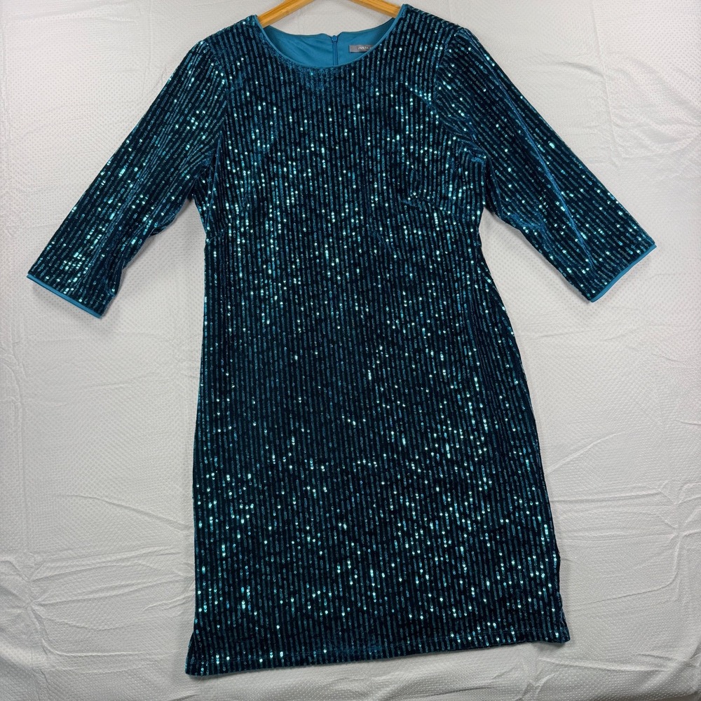 Julia Jordan Teal Sequined Sheath Dress Size 16 Velour 3/4 Sleeve Party Cocktail